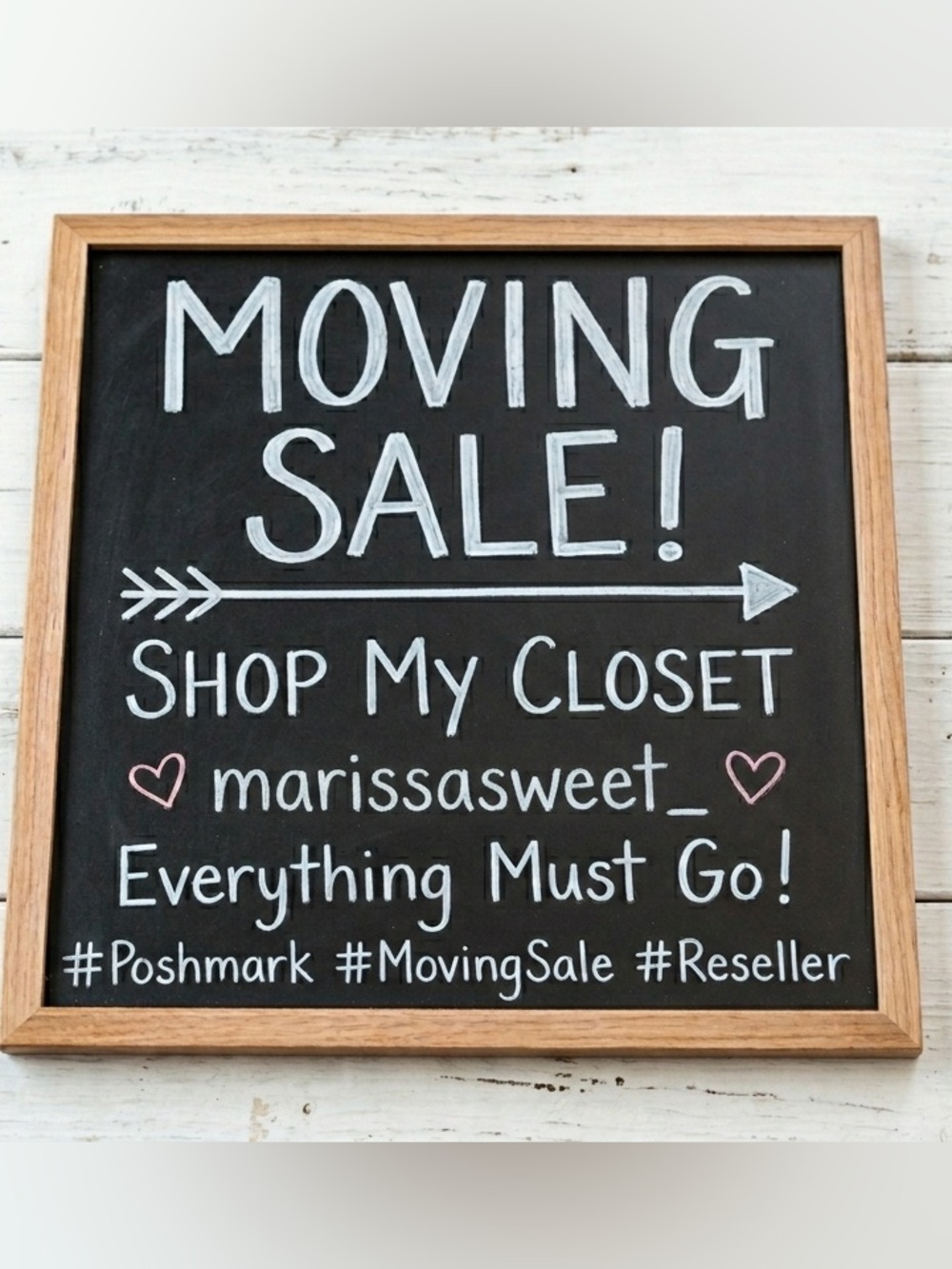 Chalkboard 'Moving Sale' Sign in Black and Natural Wood Frame